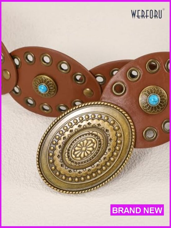 Western Wide Disc Belt with Turquoise Accents Faux Leather Cowgirl Country Boho main image 4